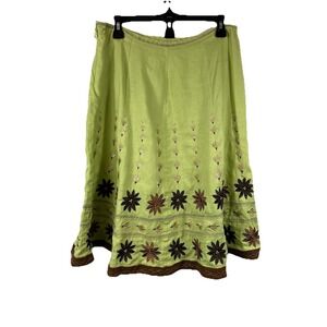 Vtg Sportelle Petite Fairycore Linen Skirt 10 Sage Green Embroidered Flowy Boho